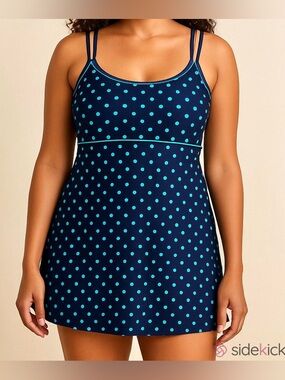 Le Cove Black Turquoise Polka Dot SZ 16 Pin-up Style High Waist Swimsuit Dress
